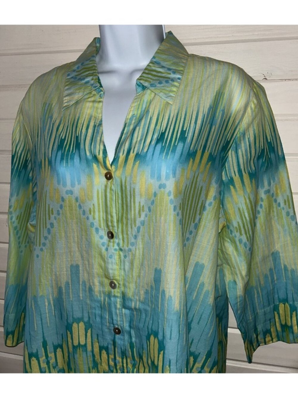 Alfred Dunner Sz 14 Green Blue Ikat Button Front Blouse Cotton 3/4 Sleeve EUC